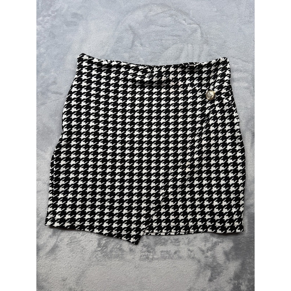 SheIn Wrap Mini Skirt Womens Medium Black White Houndstooth Print Slight Stretch
